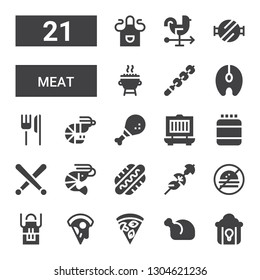 meat icon set. Collection of 21 filled meat icons included Fried chicken, Chicken, Pizza, Apron, No fast food, Skewer, Hot dog, Shrimp, Drumsticks, Protein, Grill, Chicken leg