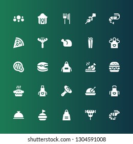 meat icon set. Collection of 25 filled meat icons included Prawn, Sausage, Apron, Hamburguer, Foods, Chicken, Pie, Hamburger, Roast chicken, Salmon, Meat, Wrap, Pizza, Shrimp