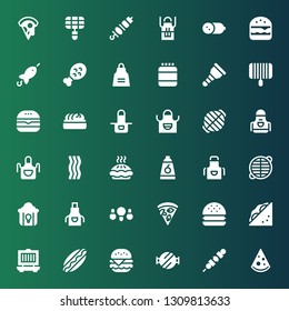 meat icon set. Collection of 36 filled meat icons included Pizza, Brochette, Barbecue grill, Burger, Hotdog, Grill, Sandwich, Hamburguer, Fried chicken, Apron, Grate, Food, Pie