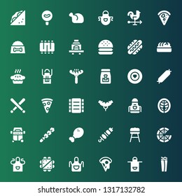 meat icon set. Collection of 36 filled meat icons included Wrap, Apron, Pizza, Sandwich, Barbecue, Brochette, Chicken leg, Skewer, Grill, Salmon, Sausage, Ribs, Pizza slice, Drumsticks