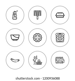 Meat icon set. collection of 9 outline meat icons with bbq grill, bbq, grinder, pie, sandwich, sausage icons. editable icons.