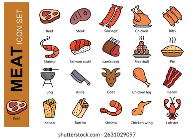 Conjunto de ícones de carne. estilo de ícone de contorno colorido. contendo ícone carne bovina, bife, carne de frango e muito mais. elemento de alimento vetor ilustração