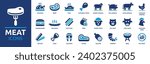 Meat icon set. Containing beef, chicken, steak, cow, fish, ribs, sausage, BBQ, ham and more. Vector solid icons collection.