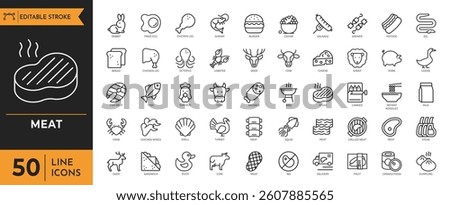 Meat icon set. Containing Meat products, food, Ham, Sausage, Steak, Chicken, Bacon, and more. vector illustration