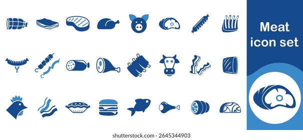 Meat icon set, fillet, chicken, rack of lamb, meatball, sign, sausage, pie, pig, lobster, salmon, salmon sushi, goat, pack, knife, burrito, turkey, chicken legs and more