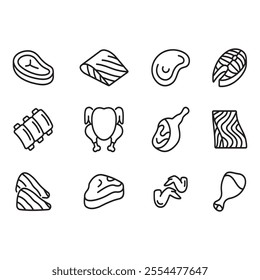 Meat icon set. Line style vector. Contains icons such as beef, salmon, chicken and others.