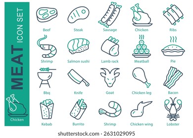 Conjunto de ícones de carne. estilo de ícone de linha. contendo ícone carne, bife, carne de frango e muito mais. elemento de alimento vetor ilustração