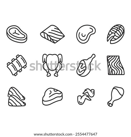 Meat icon set. Line style vector. Contains icons such as beef, salmon, chicken and others.