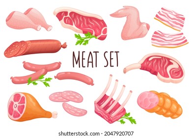 Fleischsymbol im realistischen 3D-Design eingestellt. Paket mit Hühnerflügel und -beinen, Steak, Rippen, Speck, Schinken, Würstchen und anderen. Kollektion von Metzgerwaren. Vektorgrafik einzeln auf weißem Hintergrund