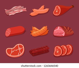 Meat icon set. Various meat products, sausages, bacon and steak. Vector Illustration.
