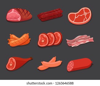 Meat icon set. Various meat products, sausages, bacon and steak. Vector Illustration.