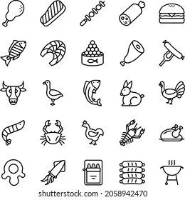 Meat icon set - vector illustration . beef, steak, chicken, cow, fish, seafood, leg, fried, lobster, crab, duck, turkey, bird, egg, thin line icons .