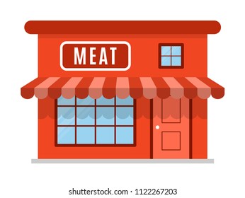 Meat icon. Symbol, shop, store. Sign in red color. The facade of the building is in a flat style. A stylish geometric image. Vector illustration isolated on white background.