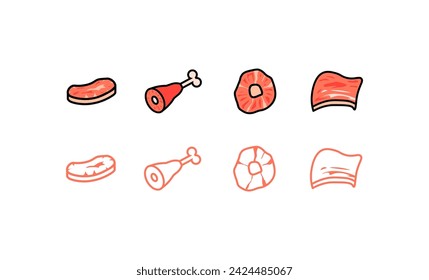 Meat icons for design. Flat, collection of meat for design, set of pieces of meat. Vector icons