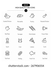 Meat Icons, Line Series: line meat icons including chicken, red meat, cow, sausages, fish and sea food