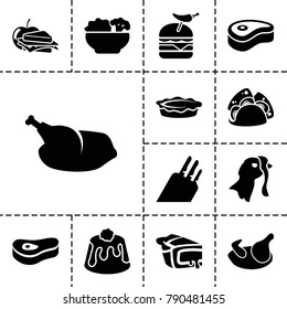 Meat icons. set of 13 editable filled meat icons such as chicken, taco, burger with pepper, pie, sandwich and apple, food, meat, knife, turkey