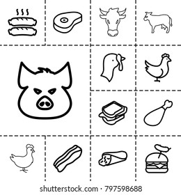 Meat icons. set of 13 editable outline meat icons such as chicken, turkey, pig, wrap sandwich, sandwich, burger with sausage, meat leg, beef, sausage, bacon