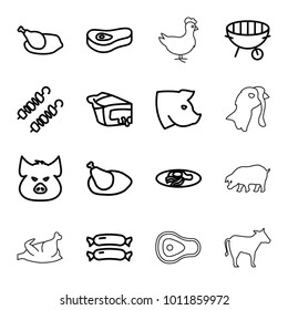 Meat icons. set of 16 editable outline meat icons such as sausage, pig, pie, fried egg and bacon, bbq, chicken, meat, kebab, cow, beef