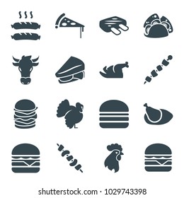 Meat icons. set of 16 editable filled meat icons such as turkey, taco, sandwich, cheeseburger, burger, kebab, sausage, chicken, meat, cow, rooster, pizza