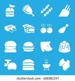 Meat icons set. set of 16 meat filled icons such as pig, turkey, burger, burger with sausage, pie, kebab, knife