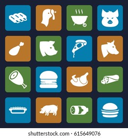 Meat icons set. set of 16 meat filled icons such as chicken, turkey, sausage, beef, pig, cow, wrap sandwich, burger, pizza, meat leg, pie