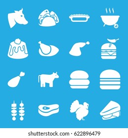 Meat icons set. set of 16 meat filled icons such as cow, turkey, taco, sandwich, burger with pepper, burger, pie, kebab, chicken