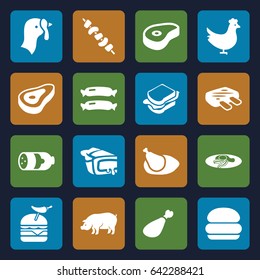 Meat icons set. set of 16 meat filled icons such as chicken, beef, turkey, sausage, pig, sandwich, burger with pepper, pie, kebab, fried egg and bacon