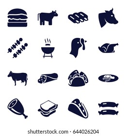 Meat icons set. set of 16 meat filled icons such as cow, turkey, sausage, wrap sandwich, taco, sandwich, chicken, fried egg and bacon, kebab, meat, burger