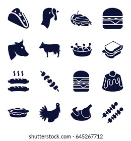 Meat icons set. set of 16 meat filled icons such as chicken, turkey, cow, taco, chicken leg, sandwich, double burger, cheeseburger, pie, sandwich and apple, kebab