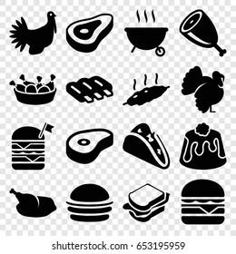 Meat icons set. set of 16 meat filled icons such as beef, sausage, turkey, taco, burger, chicken leg, sandwich, double burger with flag, cheeseburger, pie, chicken, meat