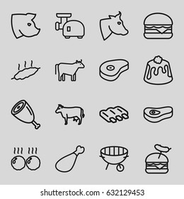 Meat Icons Set. Set Of 16 Meat Outline Icons Such As Cow, Pig, Sausage, Burger With Sausage, Cheeseburger, Pie, Beef