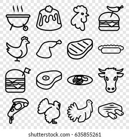 Meat icons set. set of 16 meat outline icons such as cow, rooster, turkey, chicken, pizza, double burger with flag, burger with pepper, pie, fried egg and bacon, beef