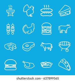 Meat icons set. set of 16 meat outline icons such as cow, turkey, taco, sandwich, double burger, pie, beef, bbq, sausage, kebab, chicken, meat, burger