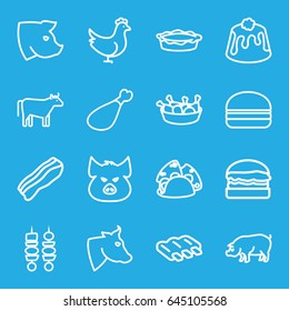 Meat icons set. set of 16 meat outline icons such as pig, cow, chicken, sausage, taco, chicken leg, burger, pie, meat leg, kebab