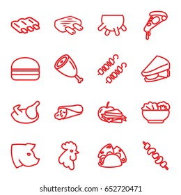 Meat icons set. set of 16 meat outline icons such as rooster, pig, udder, chicken, sausage, wrap sandwich, pizza, taco, sandwich, burger, sandwich and apple, kebab, food