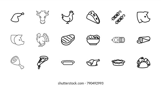 Meat icons. set of 18 editable outline meat icons: chicken, pig, wrap sandwich, taco, pizza, pie, meat leg, beef, food, kebab, sausage, cow