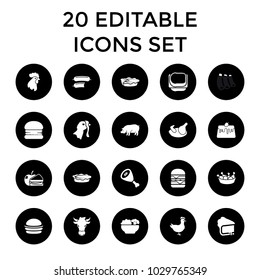 Meat icons. set of 20 editable filled meat icons such as chicken, pig, burger, chicken leg, double burger, pie, food, turkey. best quality meat elements in trendy style.