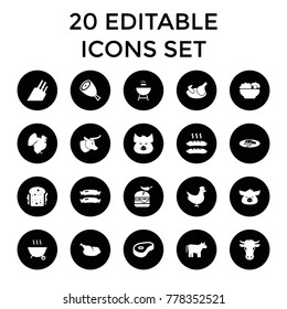 Meat icons. set of 20 editable filled meat icons such as cow, chicken, sausage, beef, pig, turkey, burger with pepper, sandwich. best quality meat elements in trendy style.