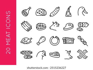 Meat icons. Set of 20 meat trendy minimal icons. Example: Ham, Sausage, Steak, Chicken, Bacon icon. Design signs for web page, mobile app, packaging design. Vector illustration