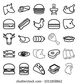 Meat icons. set of 25 editable outline meat icons such as chicken, sausage, cow, pig, burger, barbeque, wrap sandwich, taco, sandwich, double burger, cheeseburger, pie