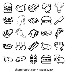 Meat icons. set of 25 editable outline meat icons such as beef, chicken, sausage, turkey, burger, wrap sandwich, pizza, chicken leg, sandwich, double burger, pie, bbq, kebab