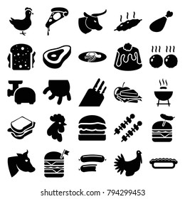 Meat icons. set of 25 editable filled meat icons such as beef, cow, rooster, barbeque, pizza, sandwich, double burger with flag, burger with sausage, pie, sandwich and apple