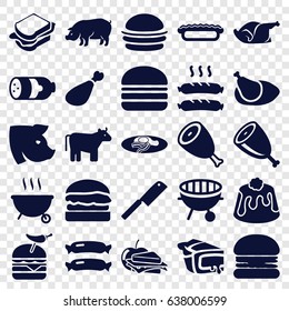 Meat icons set. set of 25 meat filled icons such as cow, sausage, beef, pig, burger, sandwich, burger with pepper, pie, sandwich and apple, chicken, fried egg and bacon, bbq