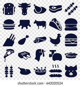 Meat icons set. set of 25 meat filled icons such as udder, chicken, turkey, cow, pig, wrap sandwich, taco, burger, pizza, chicken leg, cheeseburger, sandwich, pie, sausage