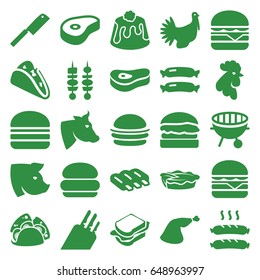 Meat icons set. set of 25 meat filled icons such as sausage, cow, rooster, pig, taco, burger, sandwich, cheeseburger, pie, beef, turkey, bbq, kebab, butcher knife