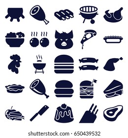 Meat icons set. set of 25 meat filled icons such as udder, beef, chicken, sausage, pig, rooster, pizza, sandwich, double burger with flag, burger, pie, sandwich and apple, bbq