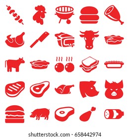 Meat icons set. set of 25 meat filled icons such as cow, beef, chicken, sausage, pig, rooster, sandwich, pie, kebab, bbq, burger