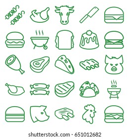 Meat icons set. set of 25 meat outline icons such as cow, pig, rooster, beef, chicken, sausage, taco, cheeseburger, sandwich, burger, pie, kebab, meat, butcher knife