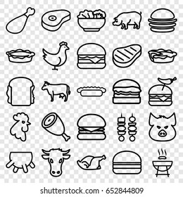 Meat icons set. set of 25 meat outline icons such as cow, pig, rooster, udder, chicken, beef, burger, burger with pepper, cheeseburger, sandwich, pie, meat leg, kebab, food