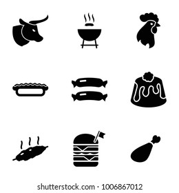 Meat icons. set of 9 editable filled meat icons such as sausage, barbeque, double burger with flag, pie, cow